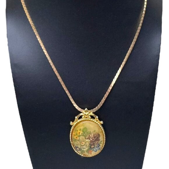 Vintage Floral Reverse Painted Pendant Necklace Gold Romantic Victorian Inspired - Picture 2 of 8